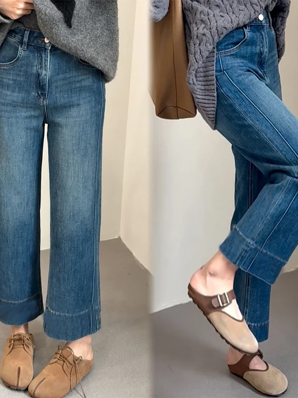 High Waist Straight Leg Jeans Women's Loose Fit Versatile plus Size Slimming Nine Point Wide Leg Pants Casual Cotton Stretch ...