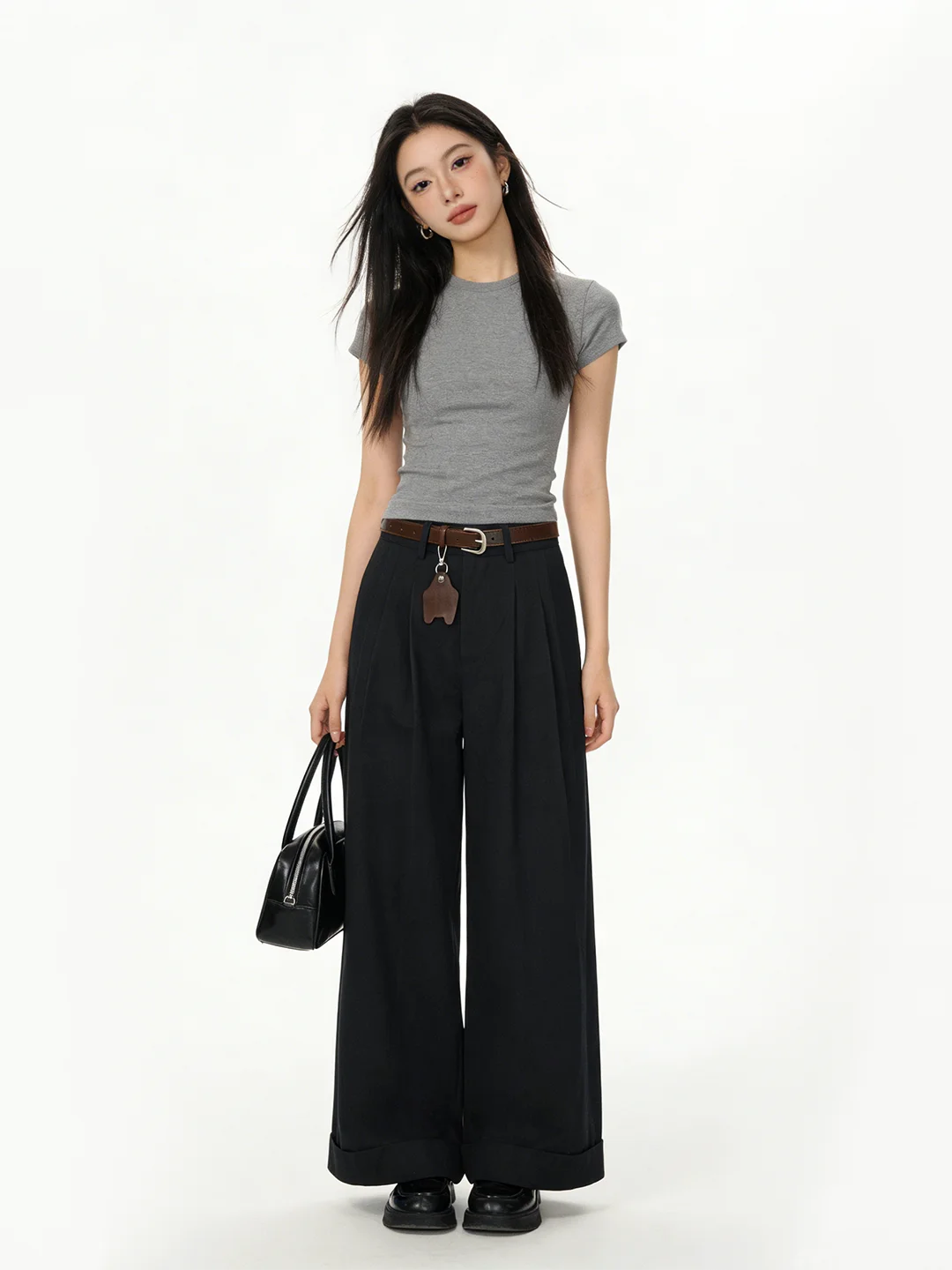 

Spring 2026 Women's High Waist Slimming Drapey Belted Wide Leg Straight Casual Pants Simple Style Casual Trousers in Dark Blue
