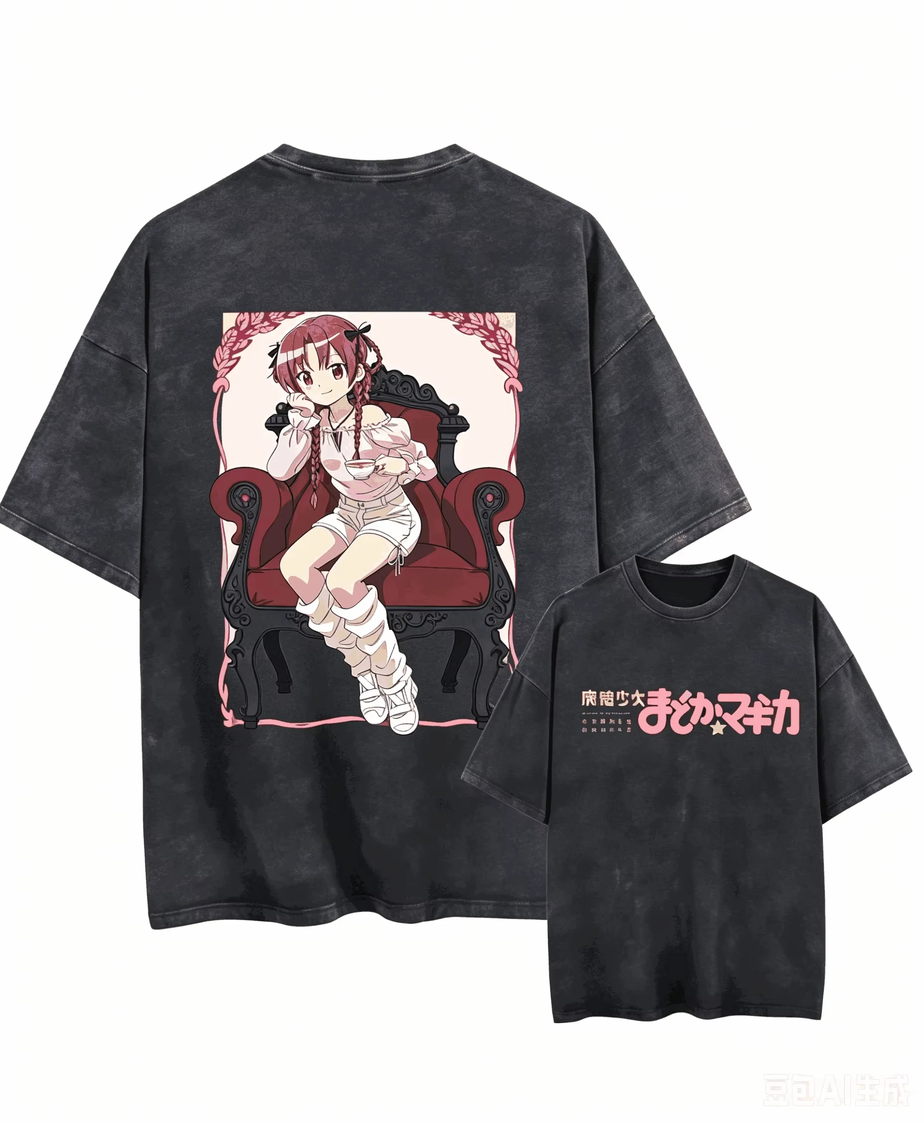 Puella Magi Madoka Magica Print Washed T-shirt Oversized Unisex Harajuku Printed Cotton Neutral O-Neck Short Sleeve high quality