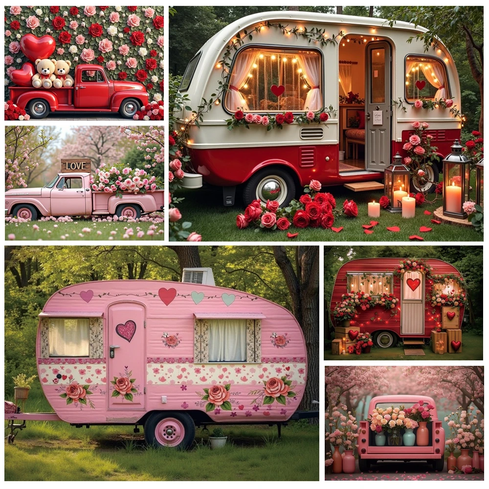 

MOON.QG February 14 Decoration Backdrop Truck Forest Candle Flower Background Maternity Poster Festival Photography Photozone