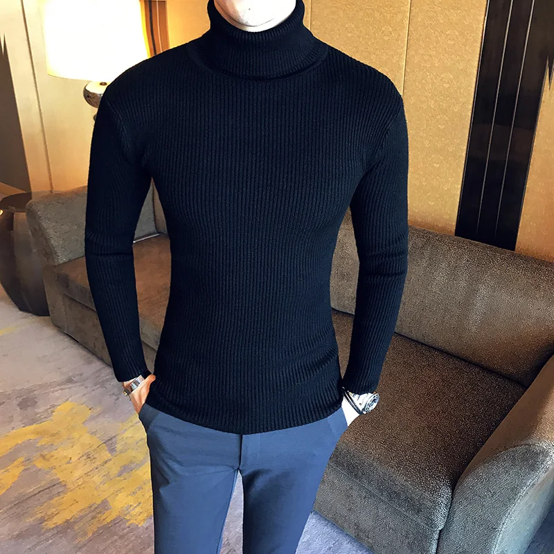 2022 Fall/Winter Men\'s Turtleneck Sweater Fashion Striped Solid Color Warm Knitted Sweater Men Double Collar Slim Fit Sweaters