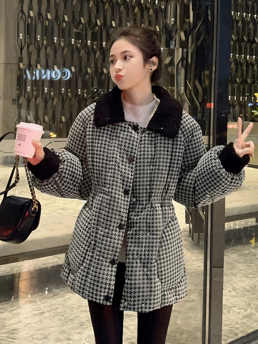 

Women's Plaid ort down Jaet White Du Feather Loose Faionable Korean Sle Warm Winter Coat Memory Fabric Polyester