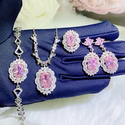 Women‘s Fashion Jewelry 925 Sterling Silver Pink CZ Ring Earrings Neckalce Bracelet for Female Elegant Wedding Party Jewelry Set