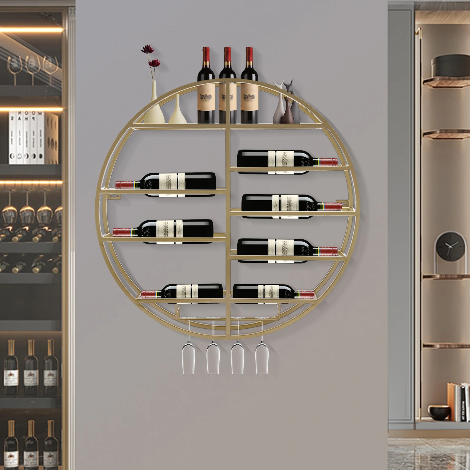 Wall Mounted Round Wine Rack Wine Display Rack Wine Shelf with Glass Holder 60*11cm Open Design Fashionable Appearance