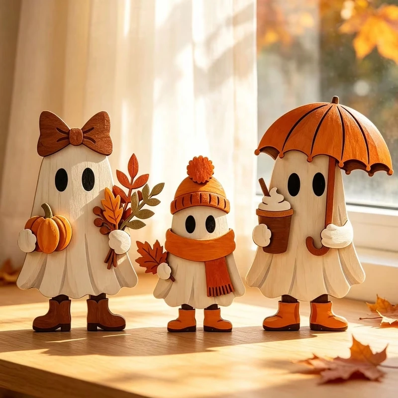 3pcs 2d Flat Wooden Fall Ghost Signs Pumpkin Hand-painted Halloween Ghost Figurines Rustic Maple Leaf Cute Ghost Ornament