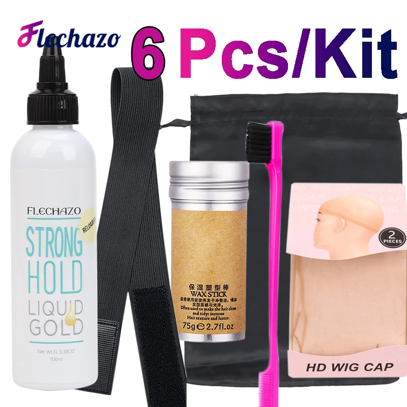 Pegamento de encaje para peluca, Gel líquido dorado sin pegamento con banda de fusión de encaje, palo de cera para el cabello, gorra de peluca Hd, bolsa de seda, cepillo de borde, 100Ml, 6 piezas/Kit