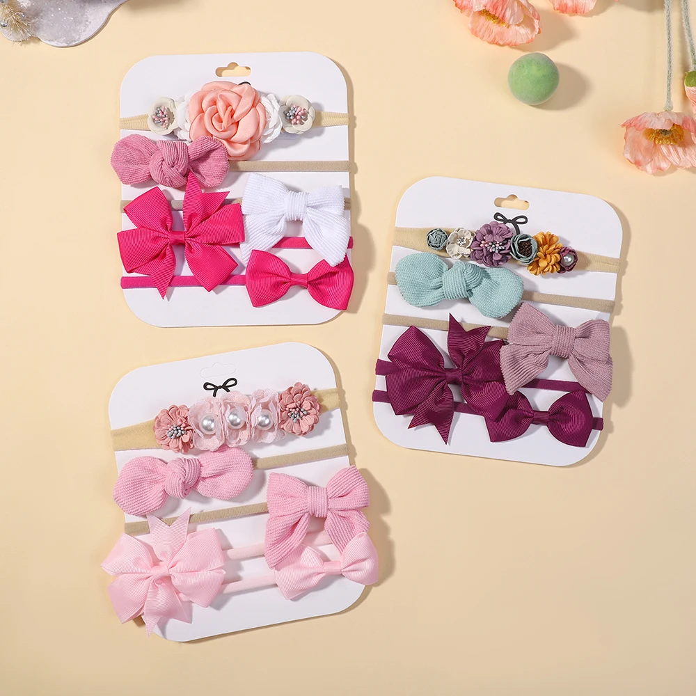 

5Pcs/Set Baby Girls Floral Bowknot Headband Set Exquisite Nylon Elastic Soft Hairbands for Party Dress up And Tourism