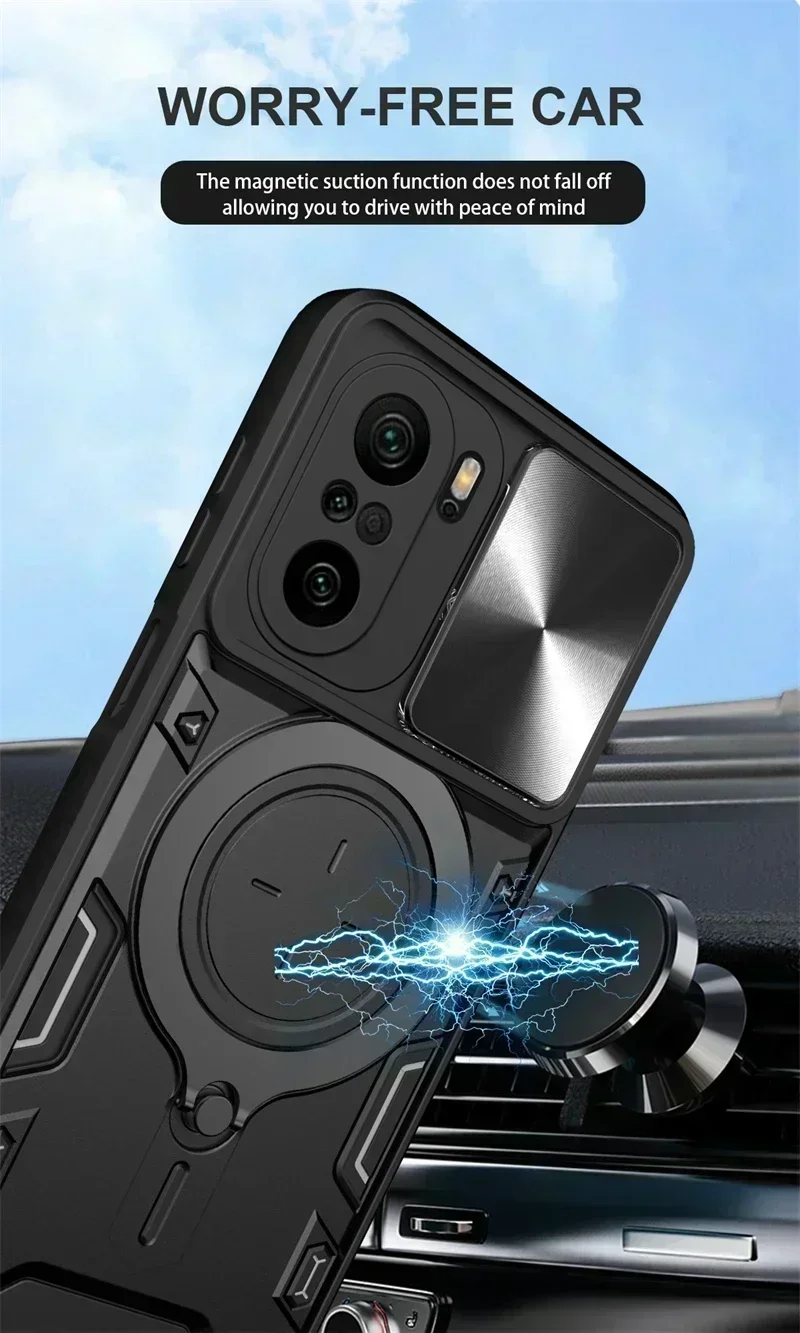 Para Xiaomi POCO F3 funda de lujo con soporte de anillo magnético cámara deslizante a prueba de golpes funda de teléfono para Poco Poko Little F3 F 3 3F contraportada