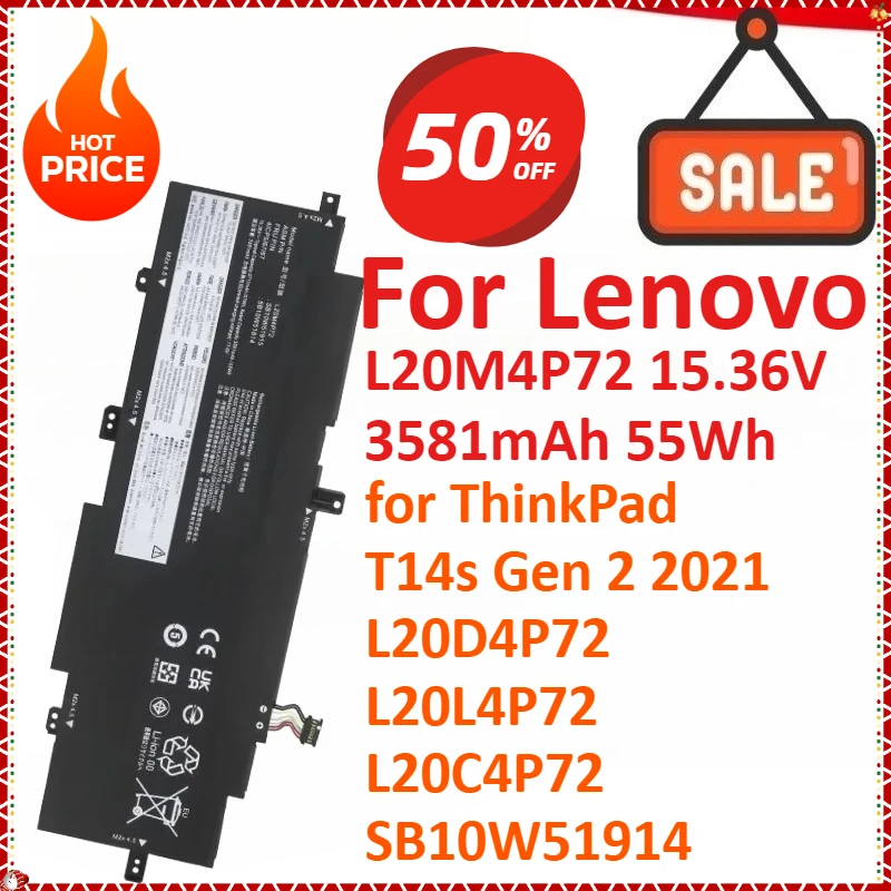 

New L20M4P72 15.36V 3581mAh 55Wh Laptop Battery For Lenovo ThinkPad T14s Gen 2 2021 L20D4P72 L20L4P72 L20C4P72 SB10W51914