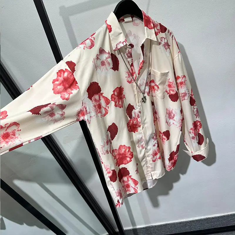 Designer High-Grade Avant-Garde Retro Non-Ironing Loose Long-Sleeved Shirt Trendy Casual Red Rose Top Thin