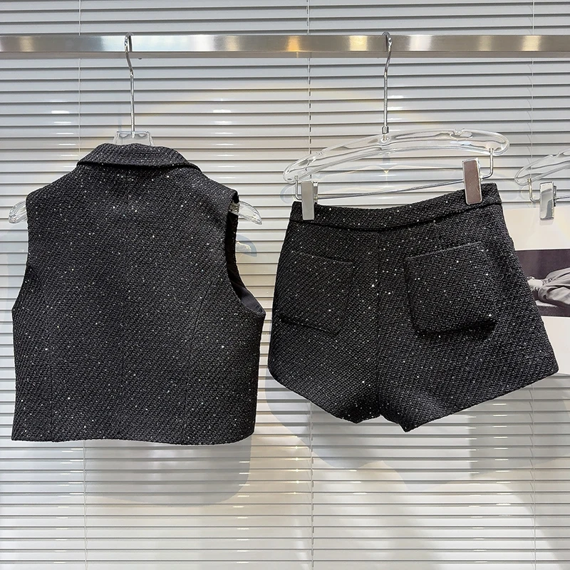 ภาษาฝรั่งเศสคํา Single-breasted Sequined ทอสั้นเสื้อกั๊กผู้หญิงเพชร-encrusted กางเกงขาสั้น 2 ชิ้นชุดอารมณ์ Socialite Party ชุด