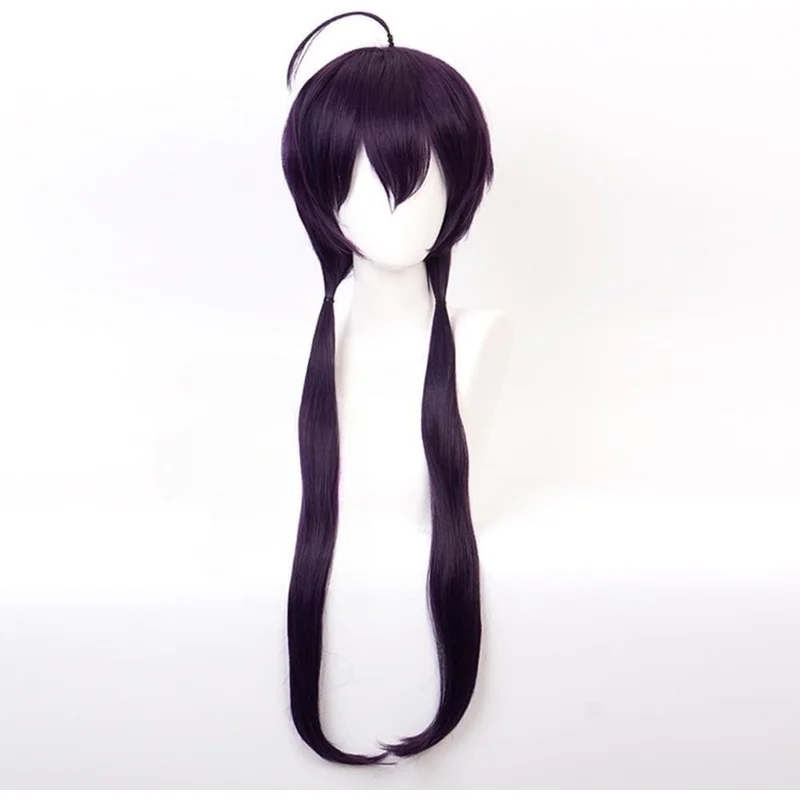 Anime Cosplay Wig Dark Purple Hair with Bangs Long Straight Wig with Double Pony