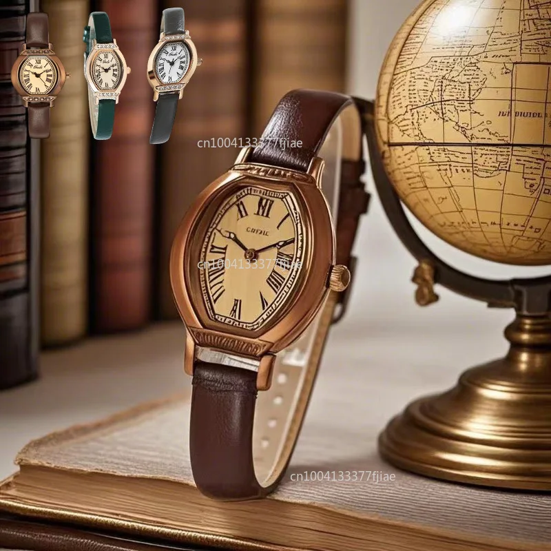 

1 шт., винтажные повседневные элегантные женские часы с кофейно-коричневым кожаным ремешком, модный циферблат в форме бочонка с декором из стразов