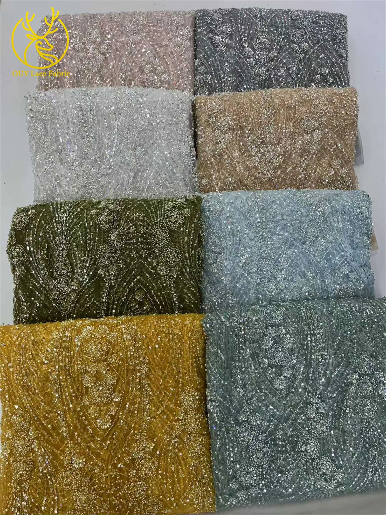 Luxury African Beaded Lace Fabric 2025 Gold Luxury French Nigerian Sequins Mesh Tulle Lace Fabric Wedding Party Dress 5 Yards