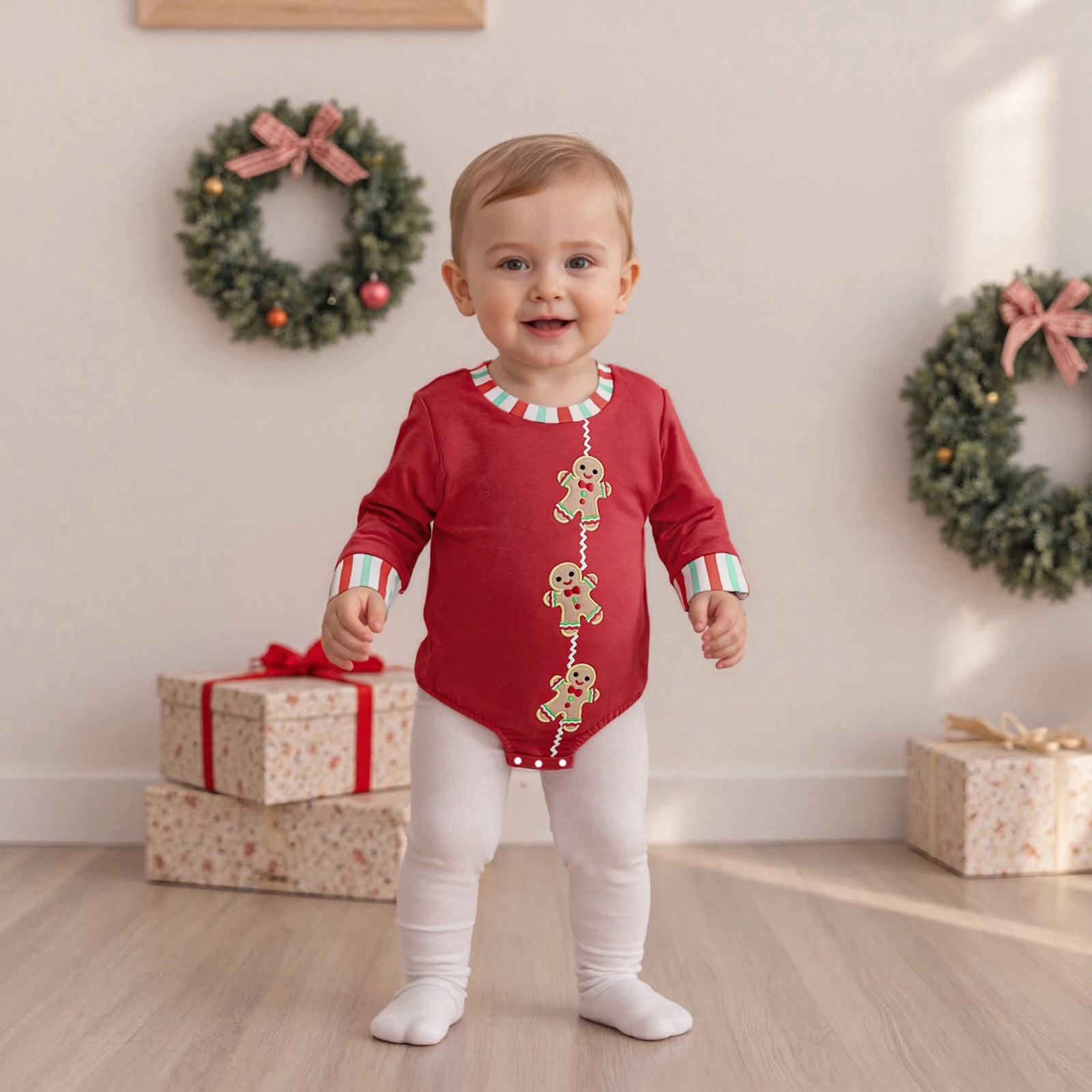 2026 السنة الجديدة عيد الميلاد الطفل عيد الميلاد الزنجبيل التطريز رومبير طويلة الأكمام طاقم الرقبة فقاعة بذلة للأولاد الرضع الأولاد #2