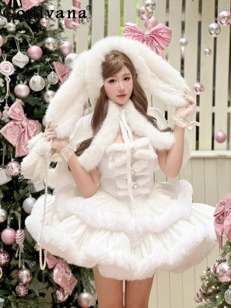 

Winter Warm Lolita Dresses Cape Set 2025 New Christmas Party Girl's Sweet Bow Mini Ball Gown Dress Woman's Y2k Birthday Dress