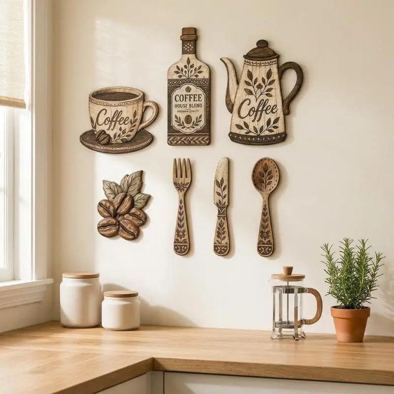 Vintage Wood Floral Kitchen Utensil Pendant Farmhouse Style Coffee Cup Wine Bottle Rustic Wall Sticker Ornaments Hand-painted