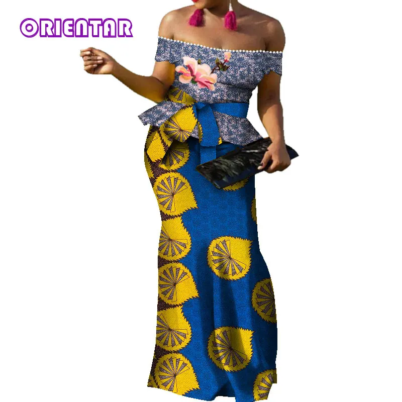 

Fashion African Suit Set for Women Sexy Slash Neck Tops and Long Skirt Set Lady African Wax Print Clothing 2XL WY7225