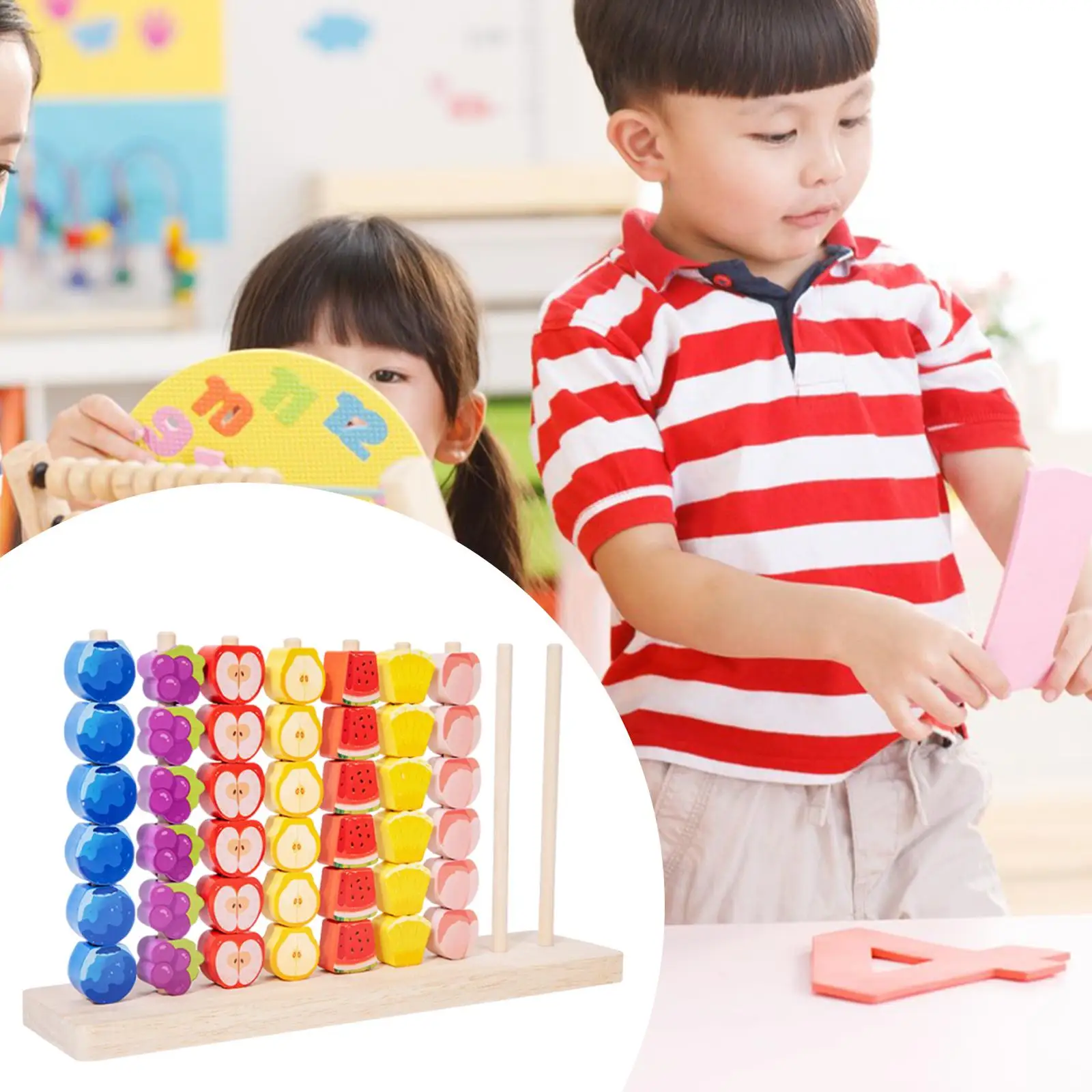 ของเล่นไม้ซ้อนผลไม้, ของเล่นเสริมพัฒนาการเรียนรู้รูปทรง, ของเล่นเรียงสีสำหรับเด็กชายและเด็กหญิง