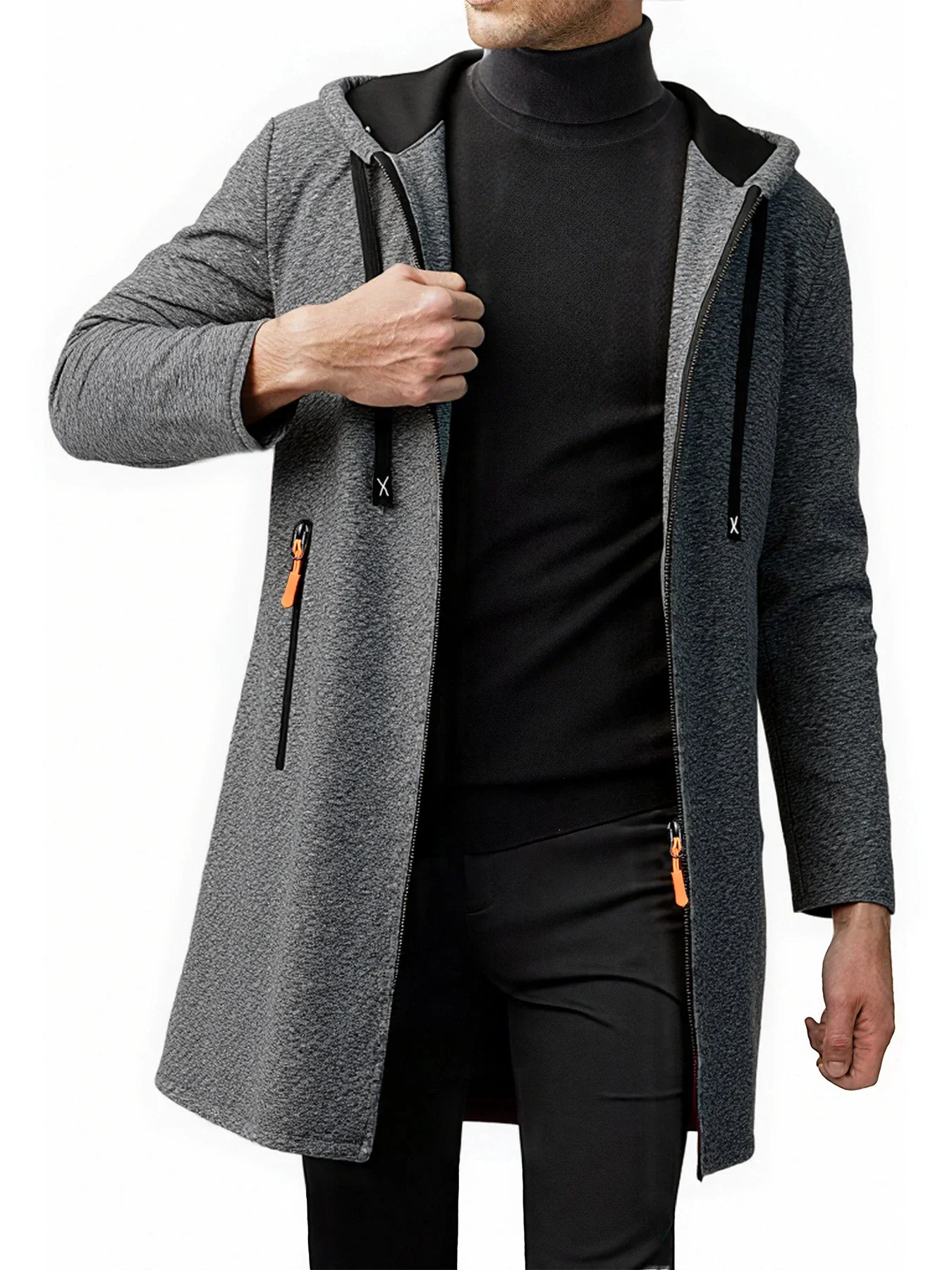 Men Mid‑Long Hooded Zip Up Jacket Heather Fleece Lined Hoodie Coat Drawstring Hood Long Casual Overcoat Casual Outerwear