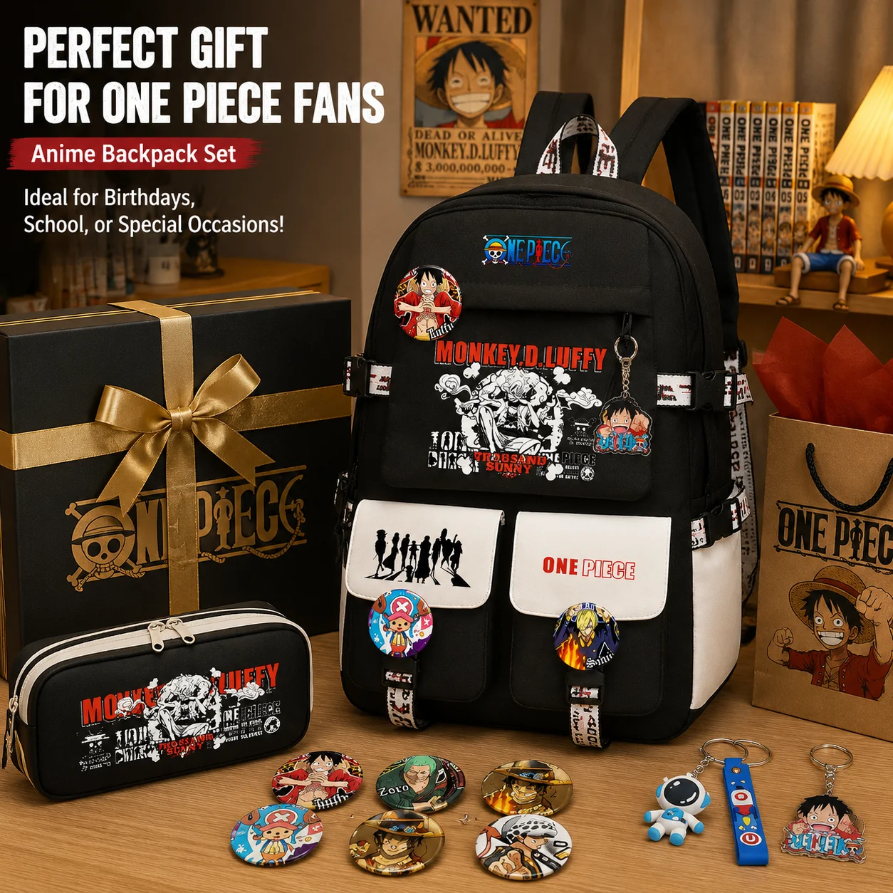 One Piece Anime Backpack Oxford Fabric School Bag with 6 Character Badges Keychain Pendant Pencil Case for Fans Students Gift