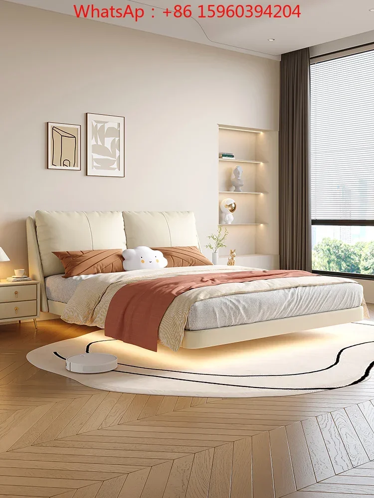 

Кровать Кремовая воздушная подвеска, современная простая итальянская легкая роскошная кожаная высококачественная мягкая сумка из подвесной кожи