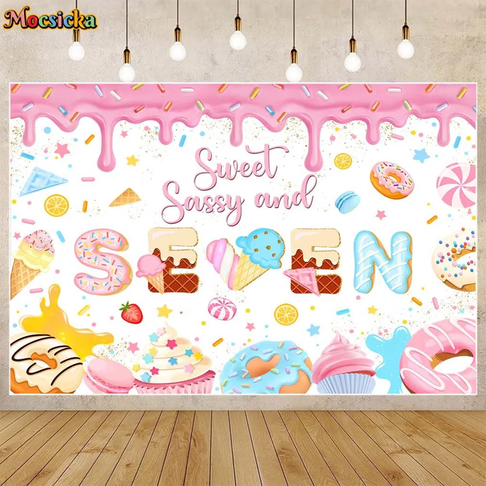 

Mocsicka Sweet Seven Girl 7th Birthday Backdrop Donut Ice Cream Candy Theme Birthday Party Decor Background Dessert Table Banner