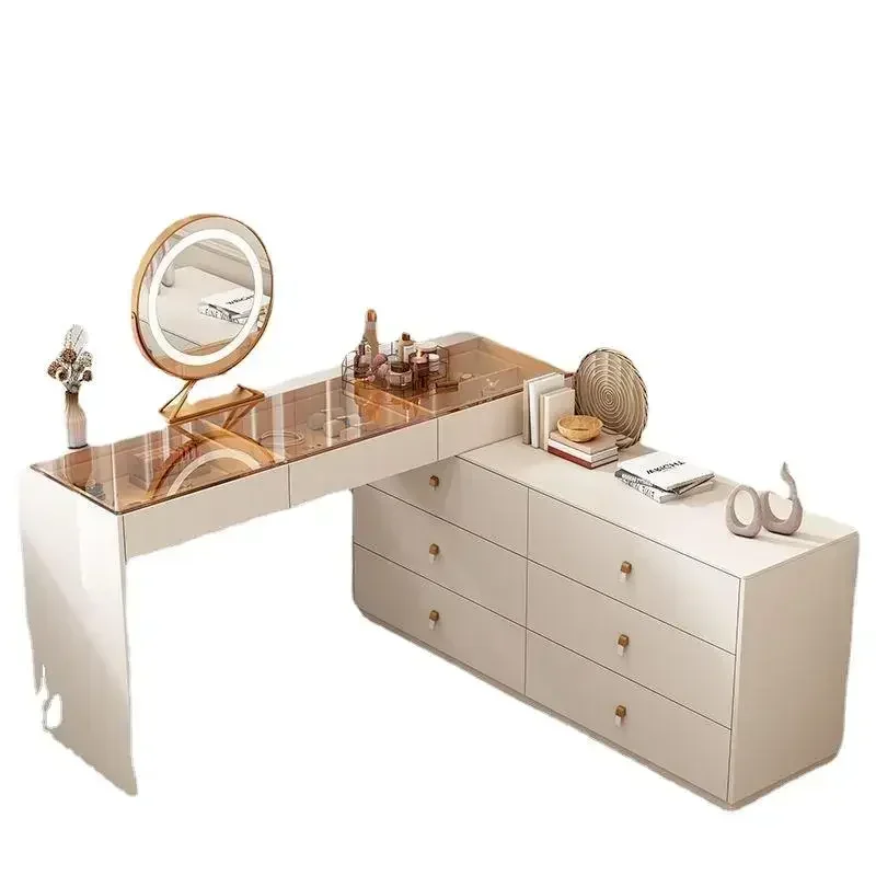 Meja Rias Modern dengan Cermin Menyala LED, Meja Rias Sudut Mewah 6 Laci, dan Rak Meja Rias Penyimpanan Besar