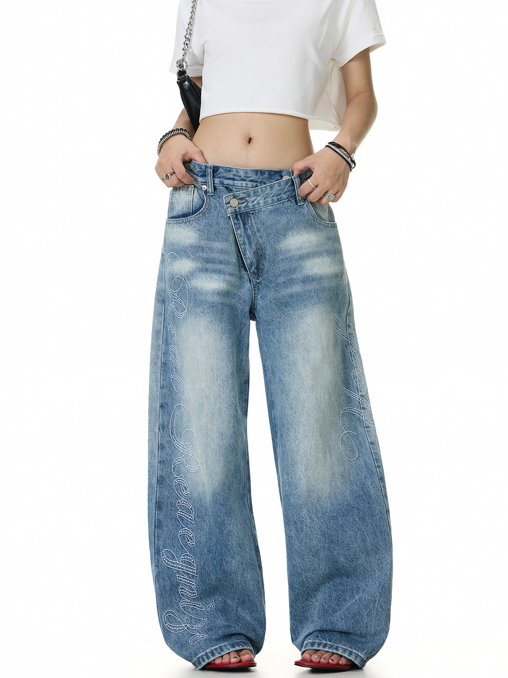 Retro American Creative Letter Embroidery Jeans Men's Loose Wide Leg Uneven Waist Design Sensation Long Pants Women's