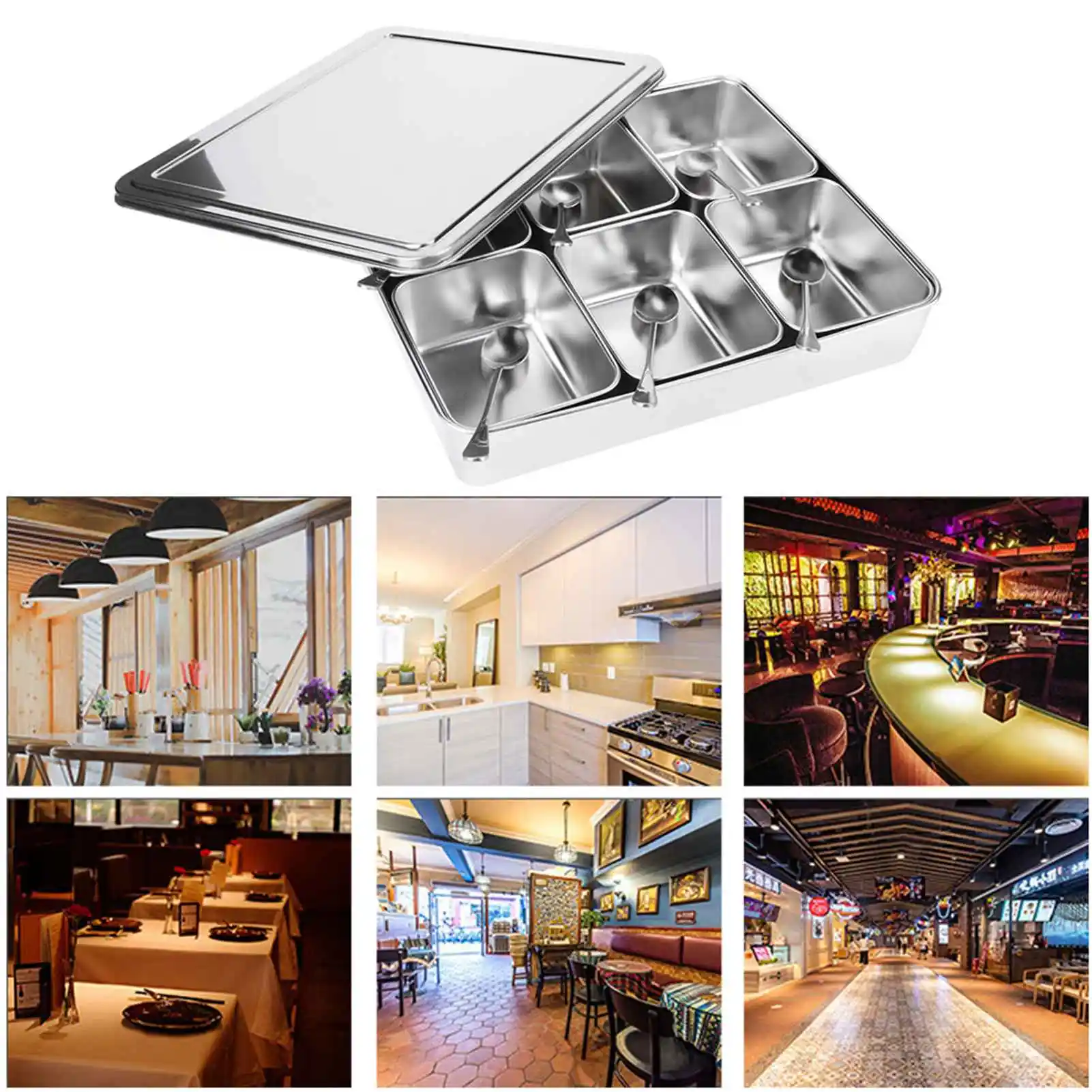 6-Grid Stainless Steel Seasoning Box Set with Spoons Condiment Storage Containers with Airtight Lids for Kitchen Countertop