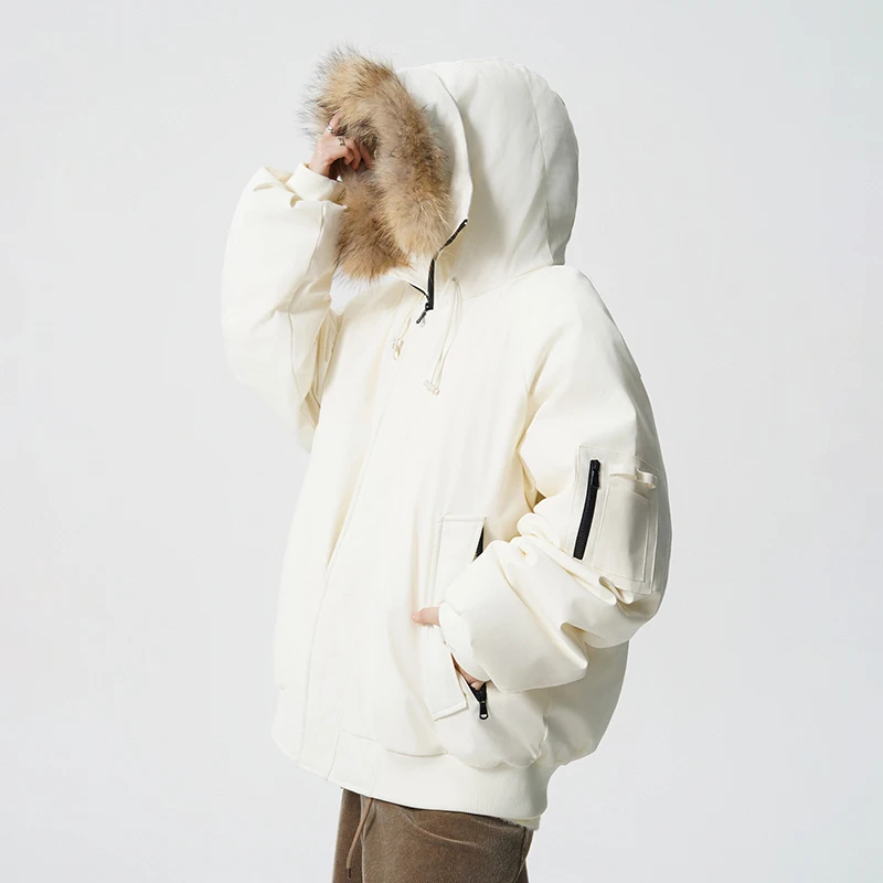 

Men's Winter Thickened Warm Hooded down Jacket Elastic Cuff Sleeve Fur Collar Casual Style Comfortable Polyester Fiber Coat