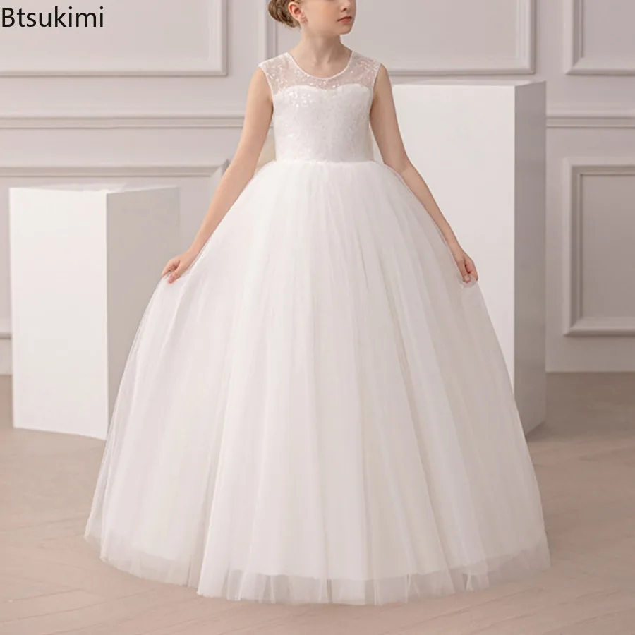 Girls Party Dresses Long White Bridesmaid Dresses Wedding Prom Gown Big Bow Girls Party Dress Kids First Communion Formal Gown view 6