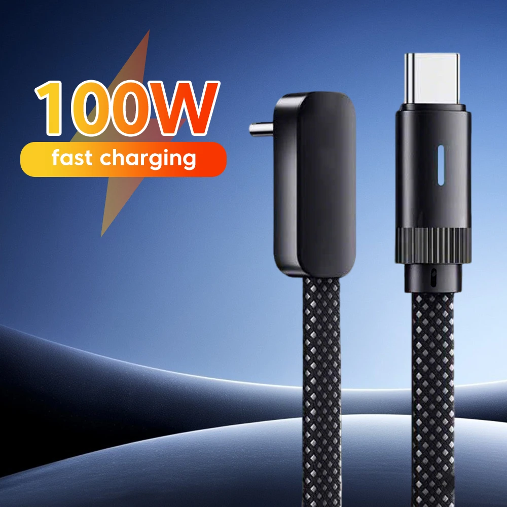 100W USB C To Type C Quick Charging Cable 90 Degree Elbow Flat Nylon Braided Cord for iPhone Samsung Xiaomi Right Angle Cables