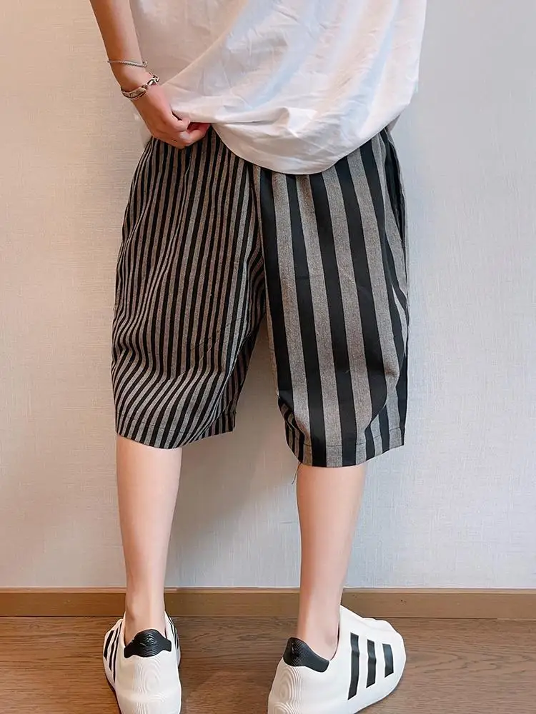 

Mens Plus Size Summer Shorts with Elastic Waist Retro Black Gray Stripe Patchwork Casual Beach Knee Length Comfortable
