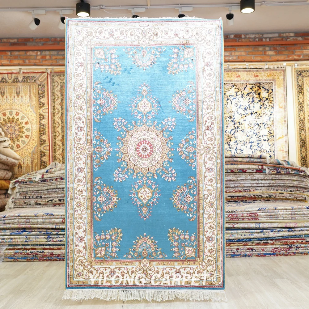 

91x152cm Handmade Persian Carpet Floral Turkish Blue Silk Rug (HF217B)