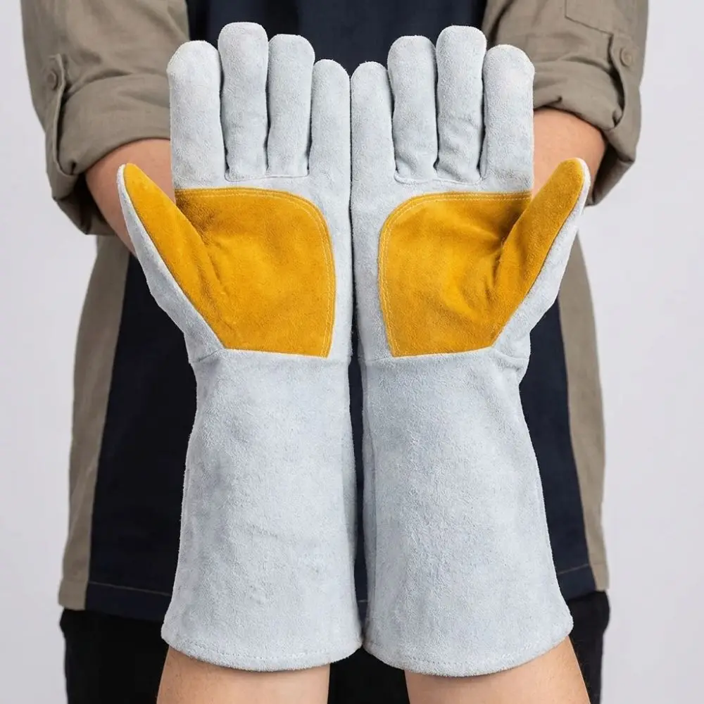 Soft Leather Heat Resistant Gloves Cowhide Heat Insulation Welding Gloves Long Sleeve Stretchable Wrist Protective Gloves