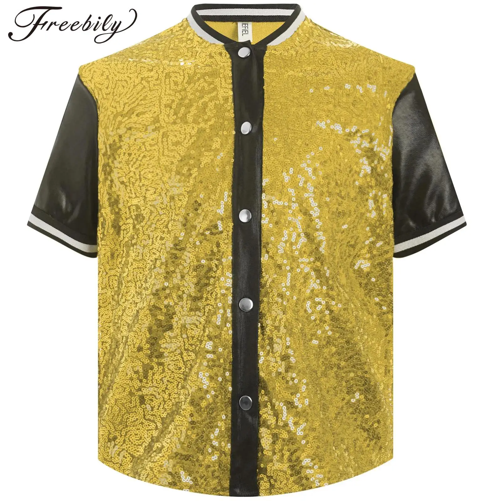 

Children's Jazz Dance Costume Kids Girls Glittery Sequins Top Fashion Color Block Hip-Hop Clothes Short Sleeve Button T-shirt