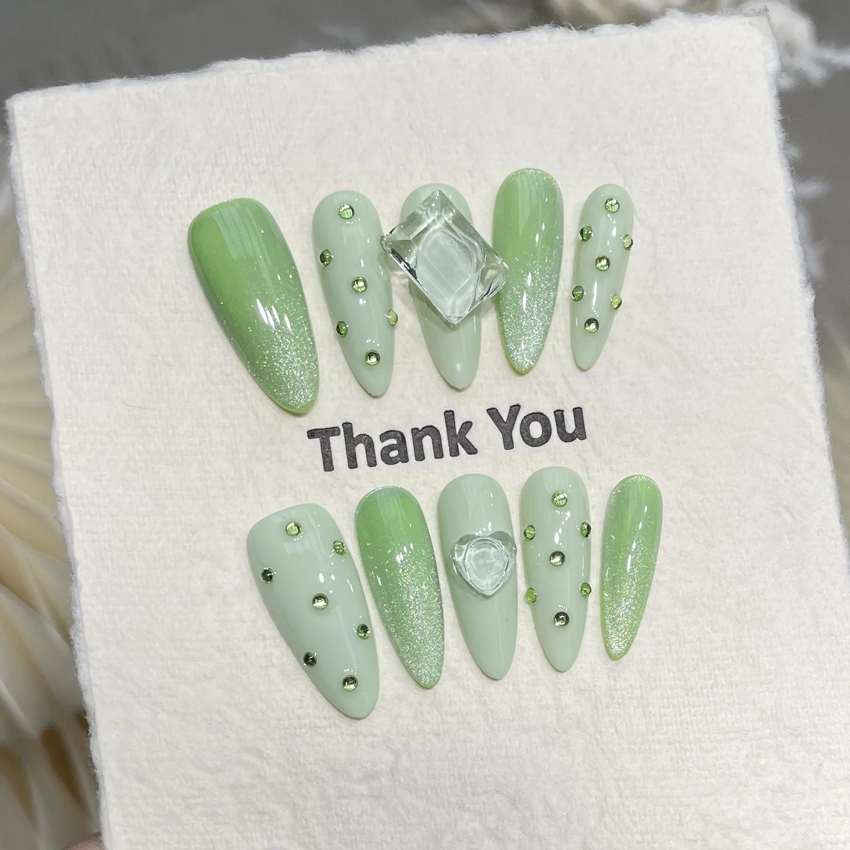 

10pcs Lime Green Handmade Nails Cat-Eye Rhinestones Press on Nail Long Almond Fake Nail for Women&Girl False Nail Art