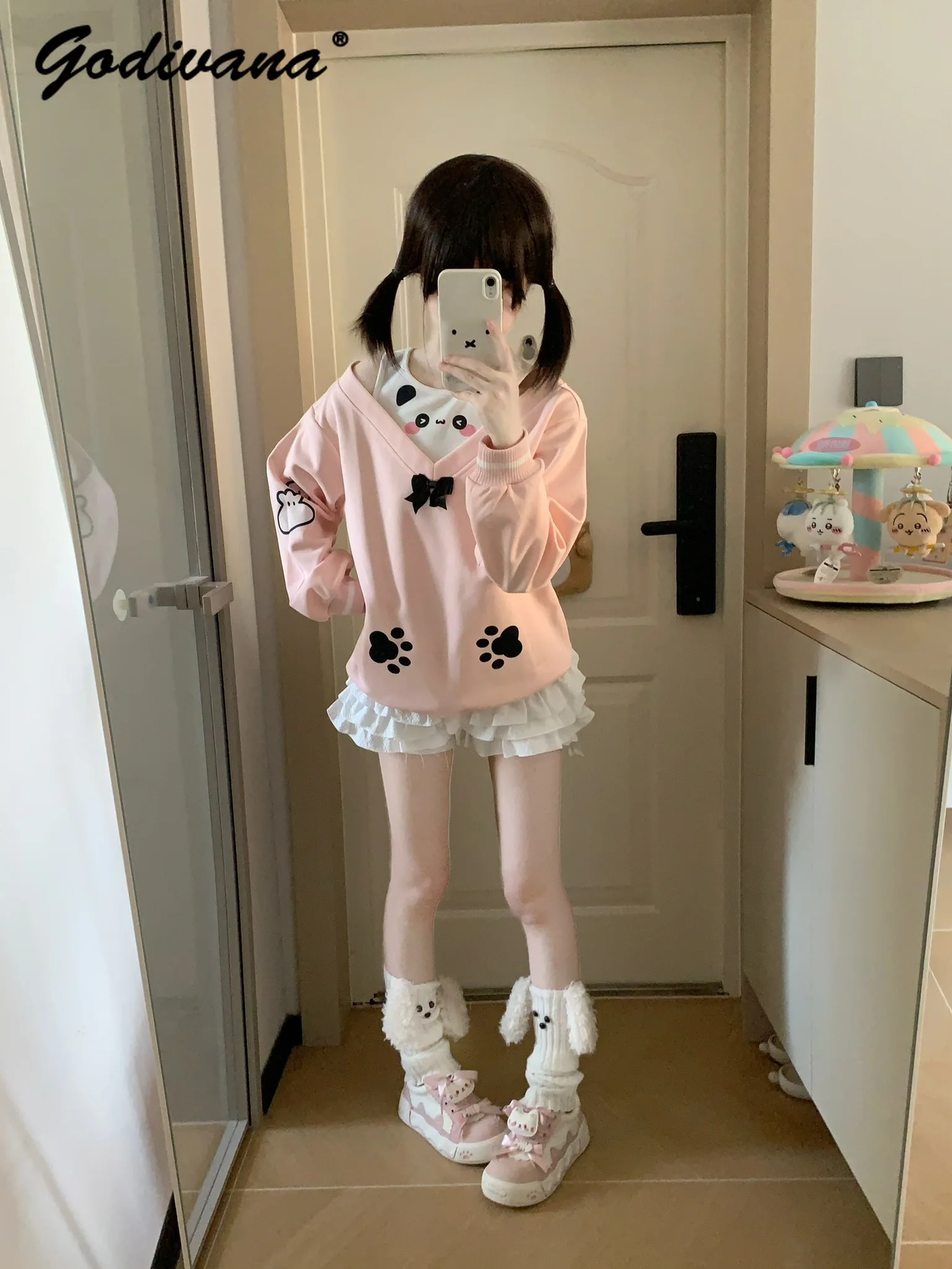 Autumn New Student Daughters Fake Two-Piece Cute Panda Off Shoulder Long Sleeve Sweatshirt Female Casual Pullover Shirts