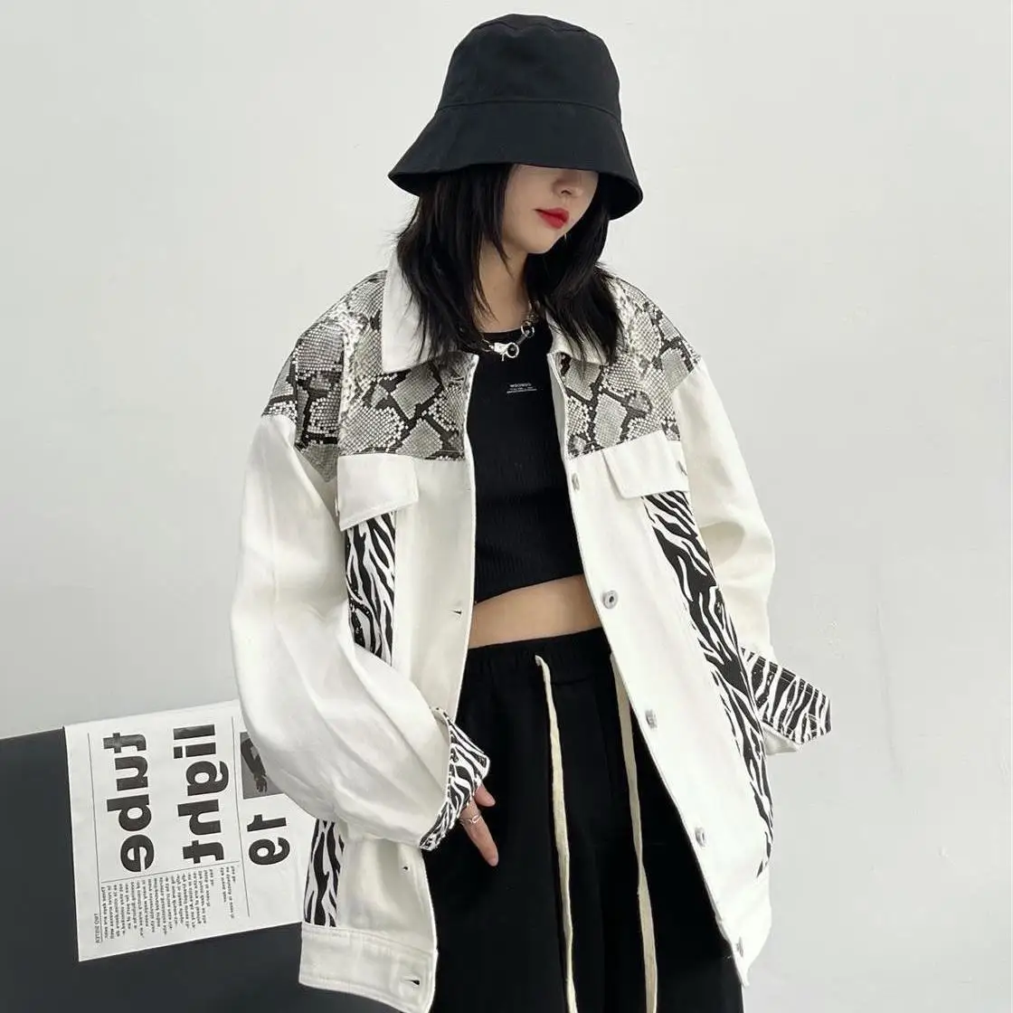 Zebra Patchwork Jacket Women Hip Hop Streetwear Oversized Jackets Grunge Clothing Korean Harajuku Loose Outerwear Female Tops