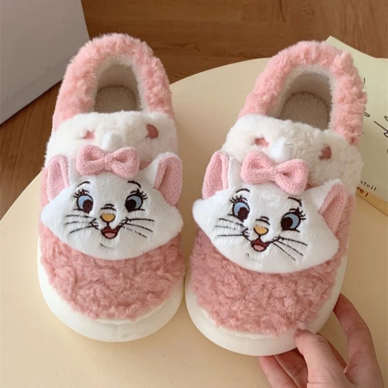 Kawaii Disney Marie Cat Damen-Baumwollhausschuhe, Winterhaus, rutschfeste Plüschhausschuhe, niedliche Cartoon-Schuhe mit weichem Boden