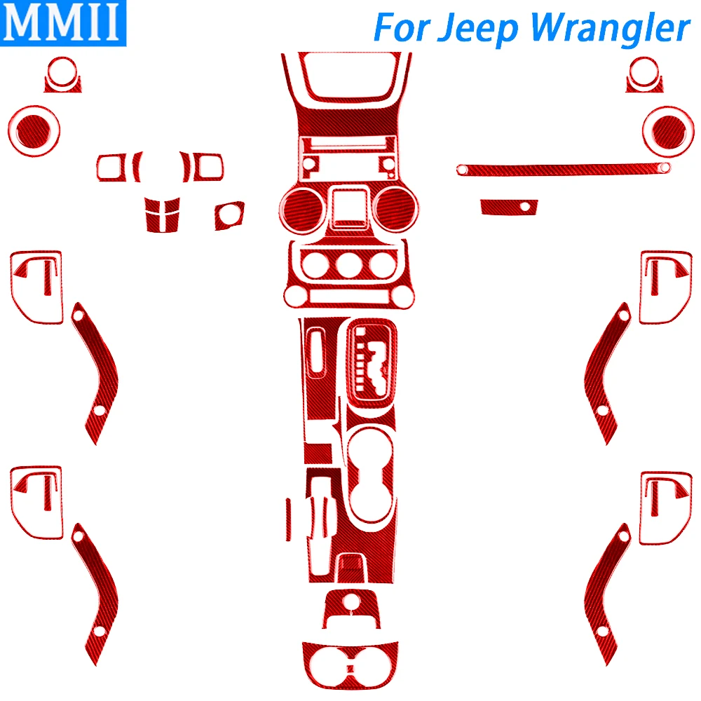 Red Carbon Fiber Gear Shift Air Outlet Steering Wheel Panel Set Car Interior Accessories Sticker For Jeep Wrangler JK 2011-2017