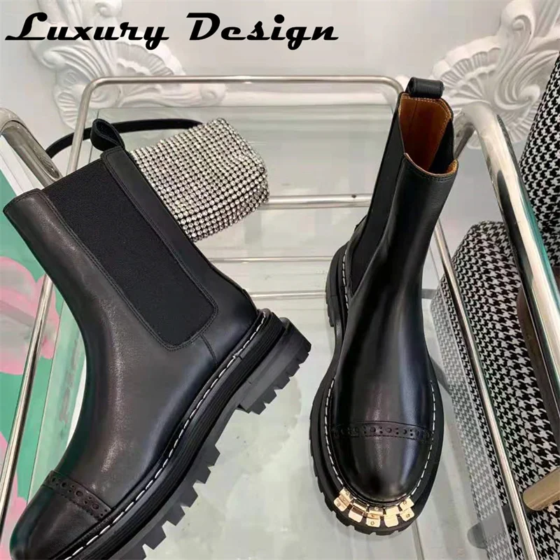 Natural Leather Ankle Boots Women Thick Sole Round Toe Casual Shoes Quality Leather Platform Short Boots Designer Brand Shoe