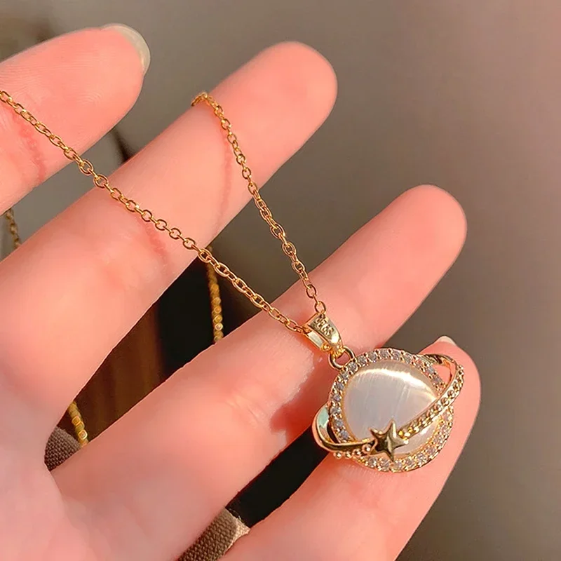 New Trendy 14K Real Gold Plated Planet Opal Necklaces for Women High Quality Jewelry AAA Zircon Titanium Steel Chain Gift