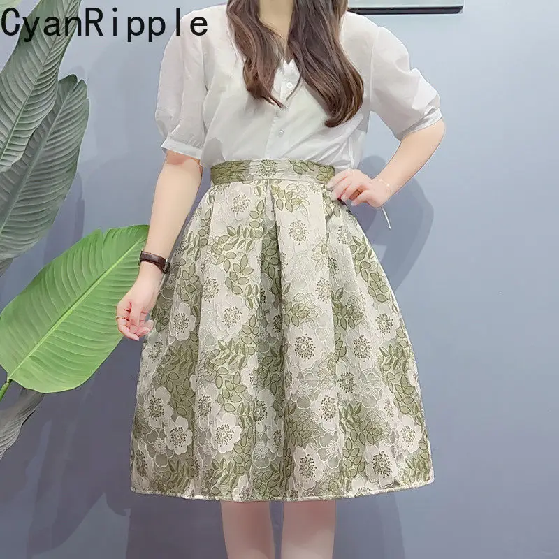 Small Fresh Female Pleated Skirt New Spring Summer High Waist Puff Skirt Elegant Flowers Embroidery Jacquard A-line Casual Skirt