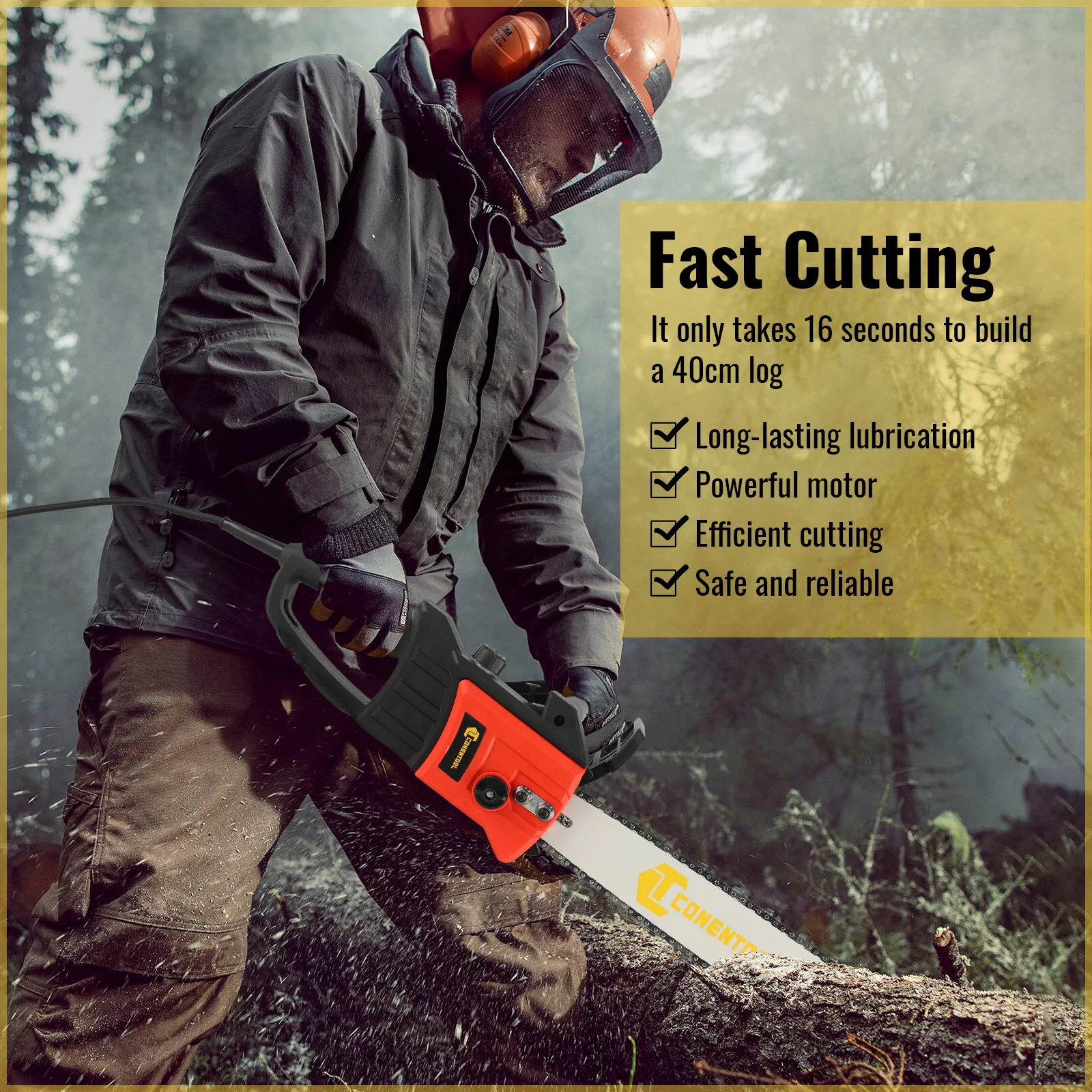 CONENTOOL Electric Chainsaw 1600W Handheld Saw with Driving 16 Inch Wood Cutting Power Tool for Optimal Weight Distribution