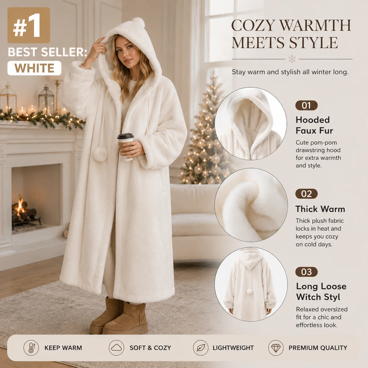 

Women Hooded Long Faux Fur Coat Thick Plush Winter Witch Style Overcoat For Halloween Christmas Daily Wear
