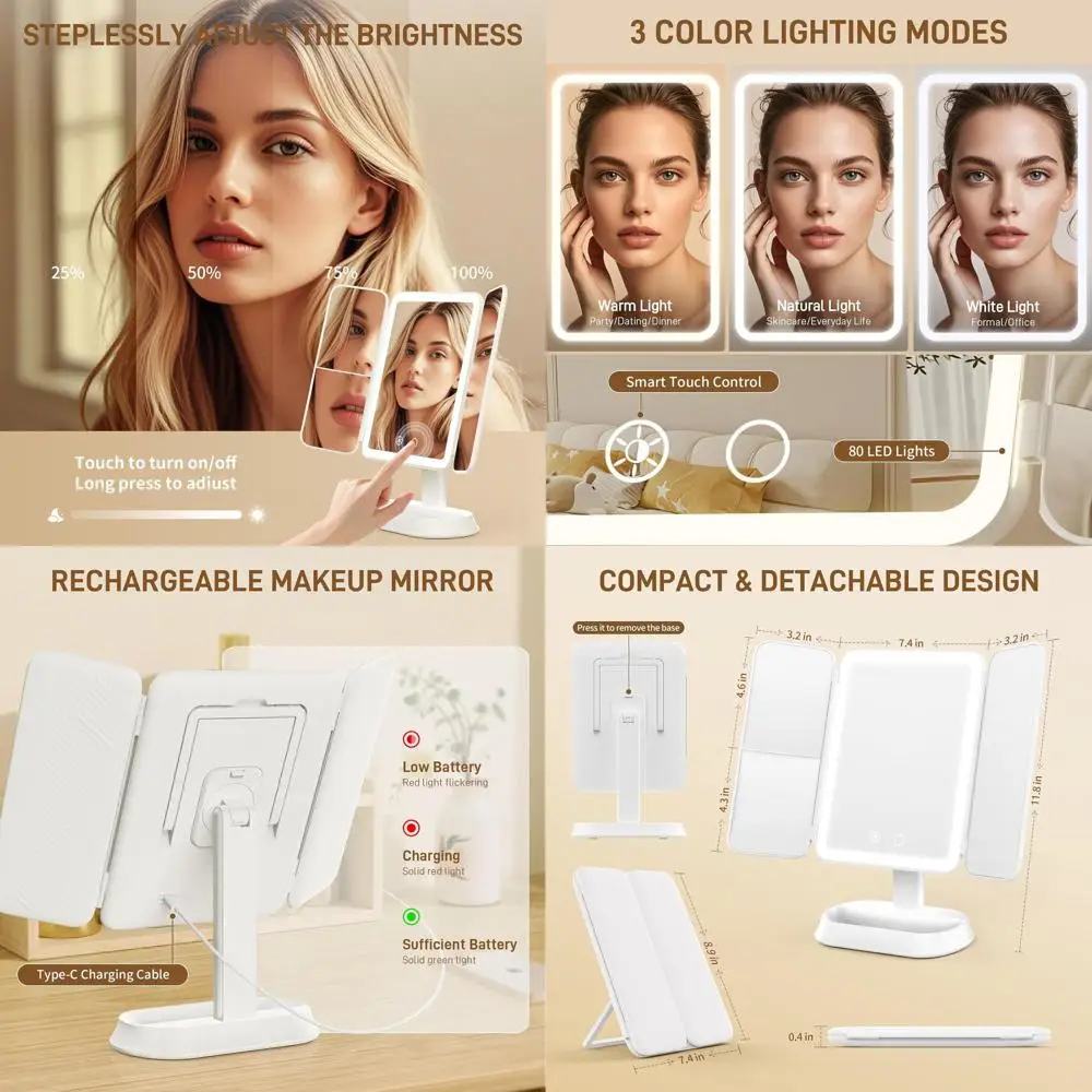 مرآة مكياج محمولة بإضاءة LED مع تكبير 1X/3X/5X، وتحكم باللمس، و3 ألوان فاتحة قابلة للتعديل للسفر #1