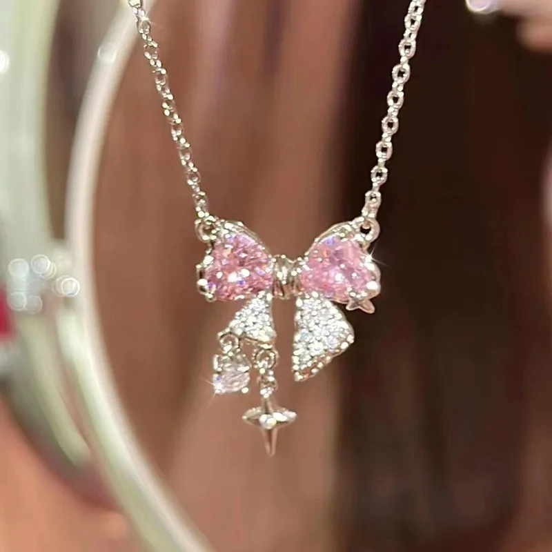 Korean Fashion Pink Crystal Bow Knot Pendant Necklace Y2K Zircon Heart Butterfly Clavicle Chain Women Girls Jewelry Gifts