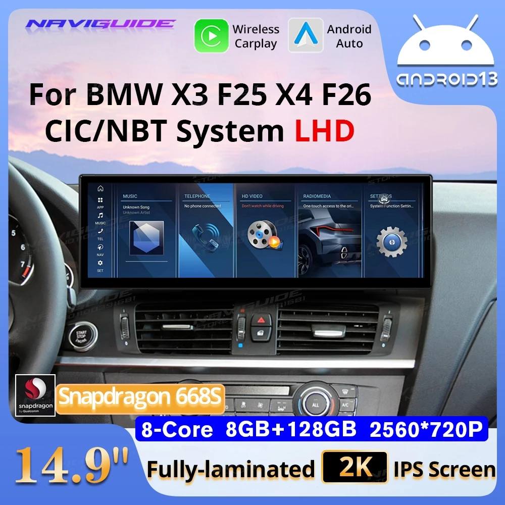 NAVIGUIDE 14.9 ''Android 13 Autoradio Voor BMW X3 F25 X4 F26 2011-2019 NBT Systeem multimedia Speler Draadloze Carplay Android Auto